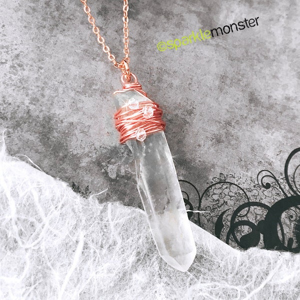 Quartz Point Necklace - crystal necklace, wire wrapped pendant, rose gold, crystal beads