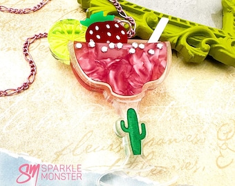 Strawberry Margarita Acrylic Necklace, Rhinestone Salt Rim, Summer Cocktail