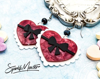 Boucles d'oreilles pendantes coeurs fantaisie pour la Saint-Valentin, acrylique découpé au laser, cristaux noirs