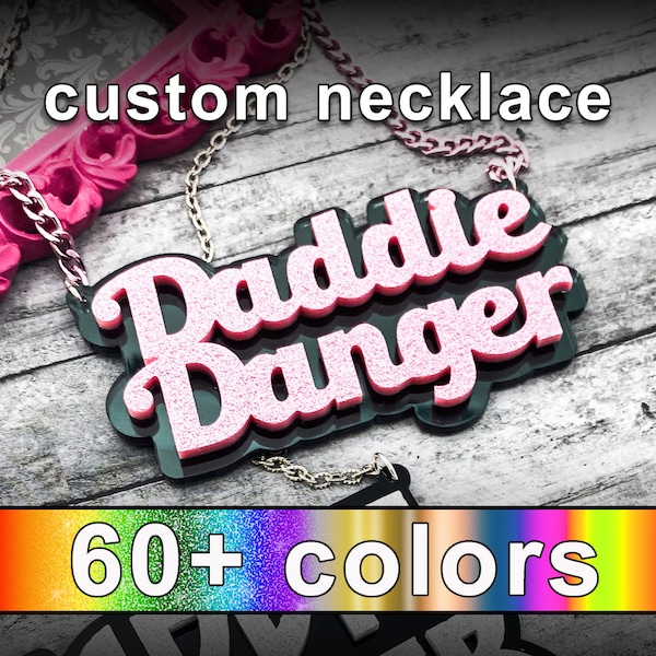 Custom 2 Color Name Necklace, laser cut acrylic, personalized, glitter, plastic, pinup, gamer, derby girl, burlesque name