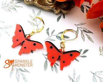 Acrylic Butterfly Dangle Earrings, Hand-Painted, Monarch Wings, Huggie, Hoops