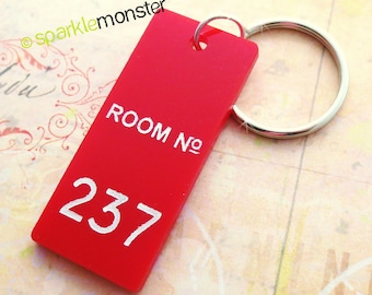 Raum Nr. 237 lasergeschnittener Acryl-Schlüsselanhänger, rot, handbemalt weiß, Horror-Fan, Shining-Film inspiriert