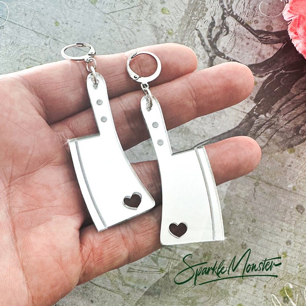 Love Kills, silver mirror laser cut acrylic cleaver earrings, huggies, hinge back, silver mirror, chef, knives