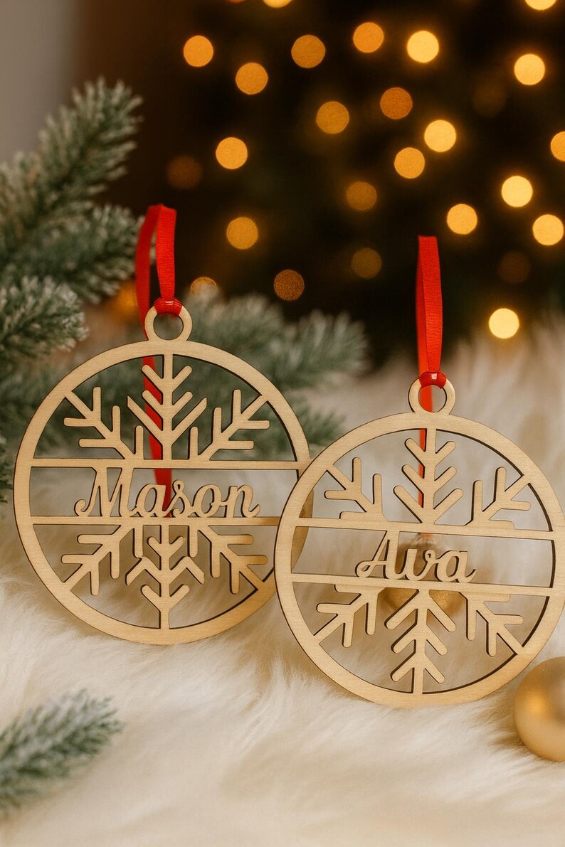 May include: Two wooden Christmas ornaments with snowflake designs and red ribbon hangers. One ornament says "Mason" and the other says "Ava". The ornaments are circular and made of light-colored wood.