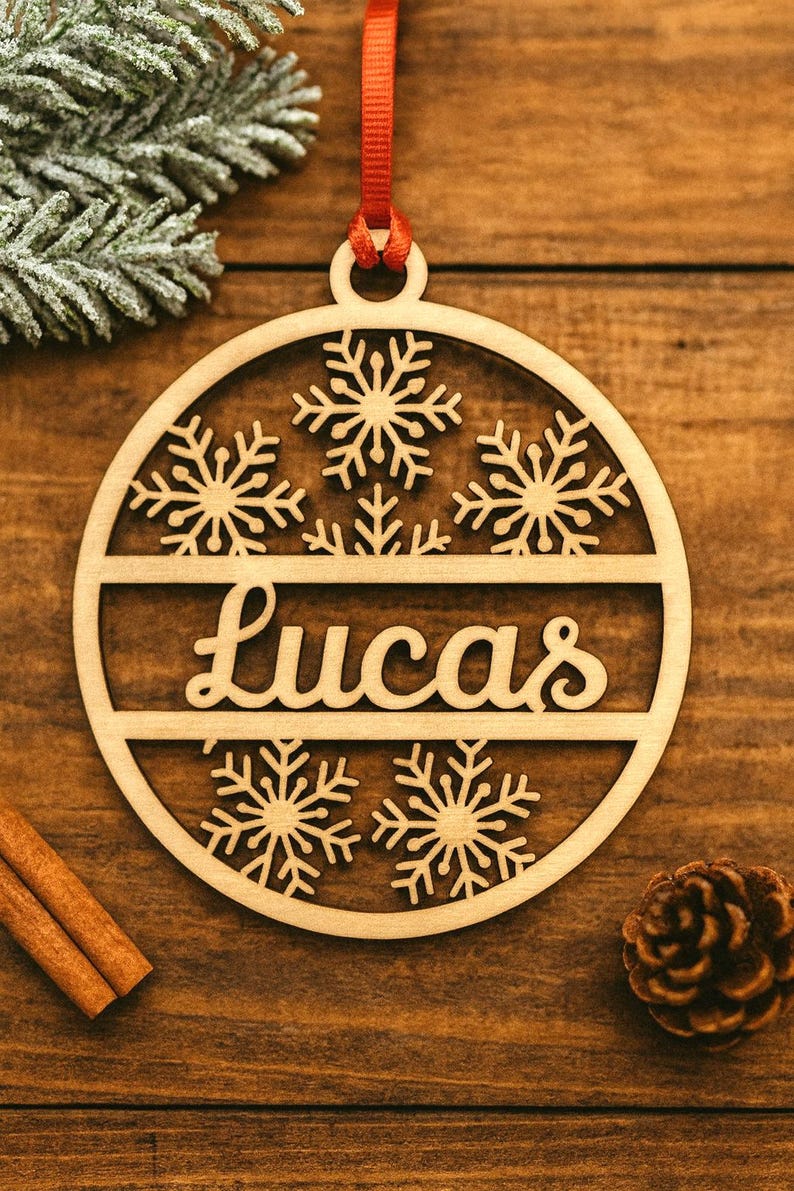May include: Wooden Christmas ornament with the name "Lucas" cut out in a cursive font. The ornament features snowflake designs and a red ribbon for hanging. The background is a wooden surface.
