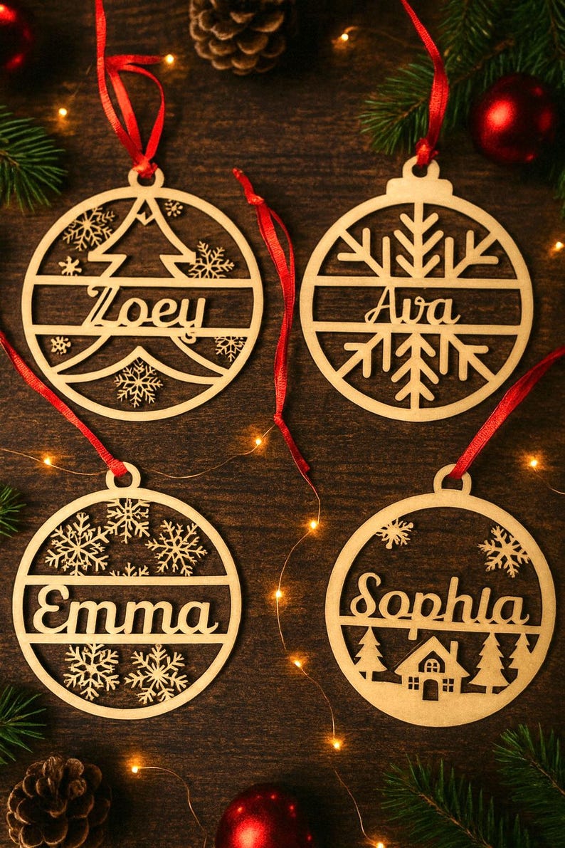 May include: Wooden Christmas ornaments with names Zoey, Ava, Emma, and Sophia. Each ornament is round with a decorative design and a red ribbon for hanging. The ornaments are on a dark wood surface with Christmas decorations.