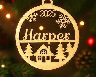 Personalized Wooden Christmas Ornament, Custom Name Ornament, Laser-Cut Birch, Laser Cut Gift Tag, Laser Cut Name Bauble