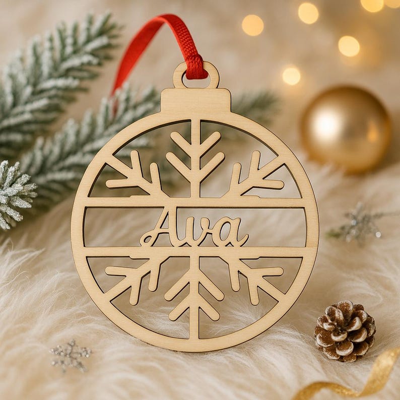 May include: Wooden Christmas ornament with a snowflake design and the name "Ava" cut out. The ornament hangs from a red ribbon. The background includes a pine branch, a gold ornament, and a pine cone.