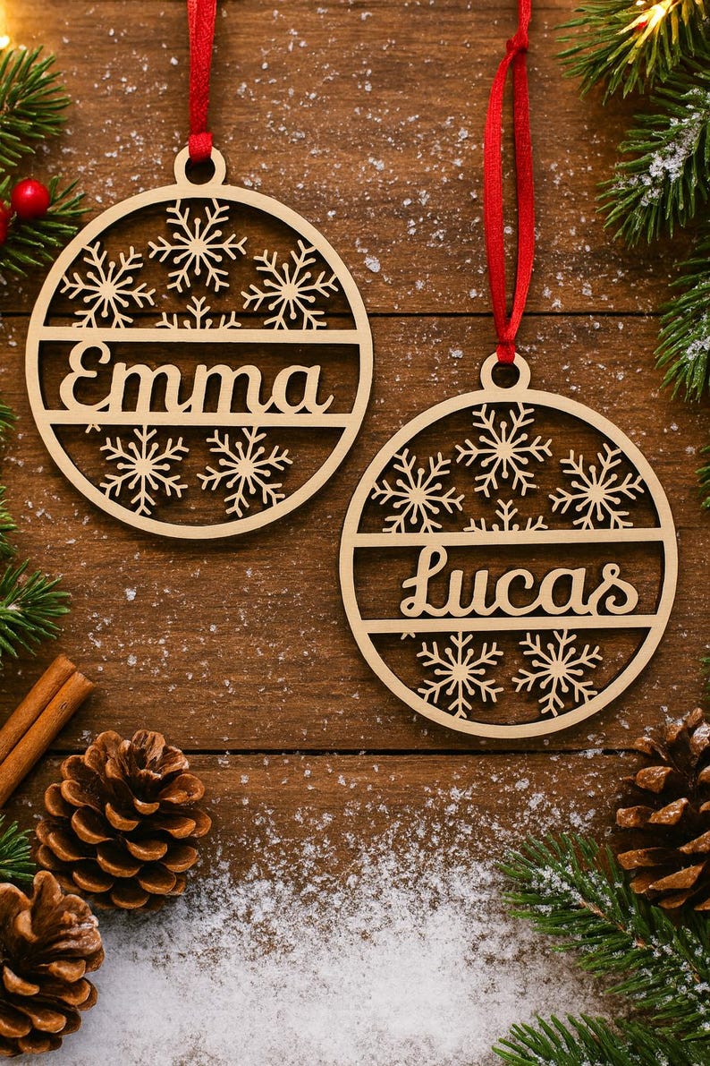 May include: Two wooden Christmas ornaments with snowflake designs and the names "Emma" and "Lucas" cut out. The ornaments hang from red ribbons. The background includes pine needles, cinnamon sticks, and pine cones on a wooden surface.