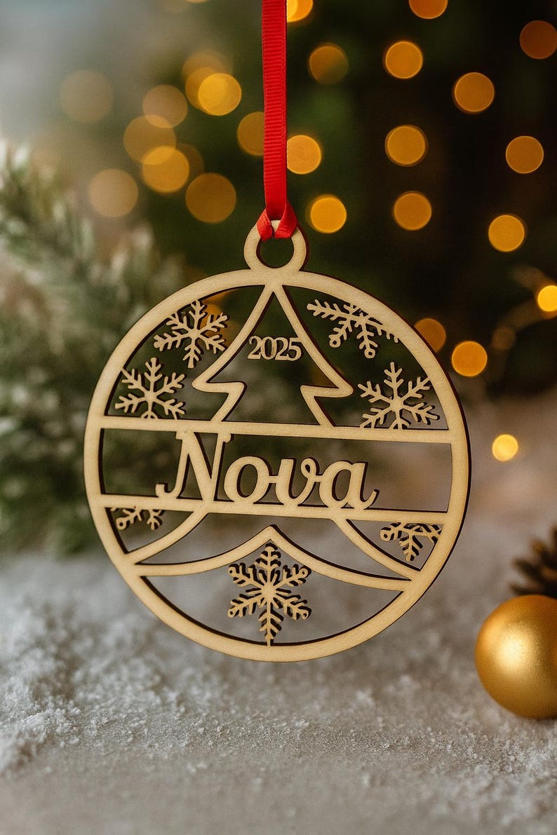 May include: Wooden Christmas ornament with the name "Nova" and the year "2025" cut out. The ornament features a tree and snowflake design, suspended by a red ribbon. The background is blurred with Christmas lights.
