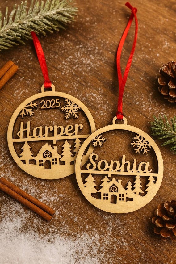 Personalized Wooden Christmas Ornament, Custom Name Ornament, Laser-Cut Birch, Laser Cut Gift Tag, Laser Cut Name Bauble