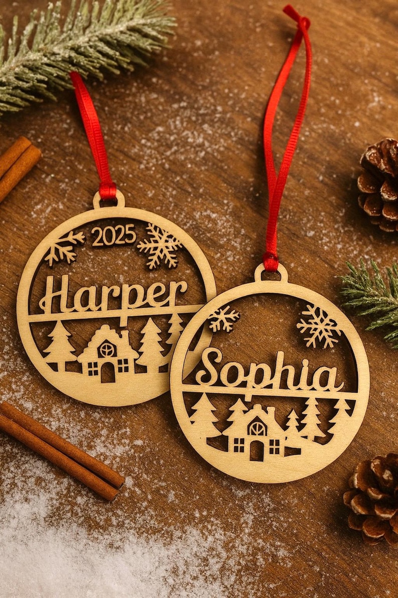 May include: Two wooden Christmas ornaments with red ribbons. Each ornament is round with a cut-out design featuring a house, trees, snowflakes, and a name. One says "Harper" and the other says "Sophia". The year "2025" is also visible.
