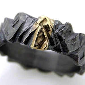 rugged black silver viking ring hand carved gold wedding band, rugged engagement ring men, viking wedding ring gold silver mens wedding band
