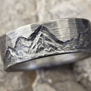 wave and mountain ring silver, boho wedding band ocean, mens wedding ring silver, outdoors wedding ring for him, cool mens silver ring