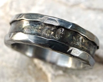 viking wedding ring black gold, mens wedding band, rustic gold ring mens engagement ring, molten gold silver ring for men, gift for him