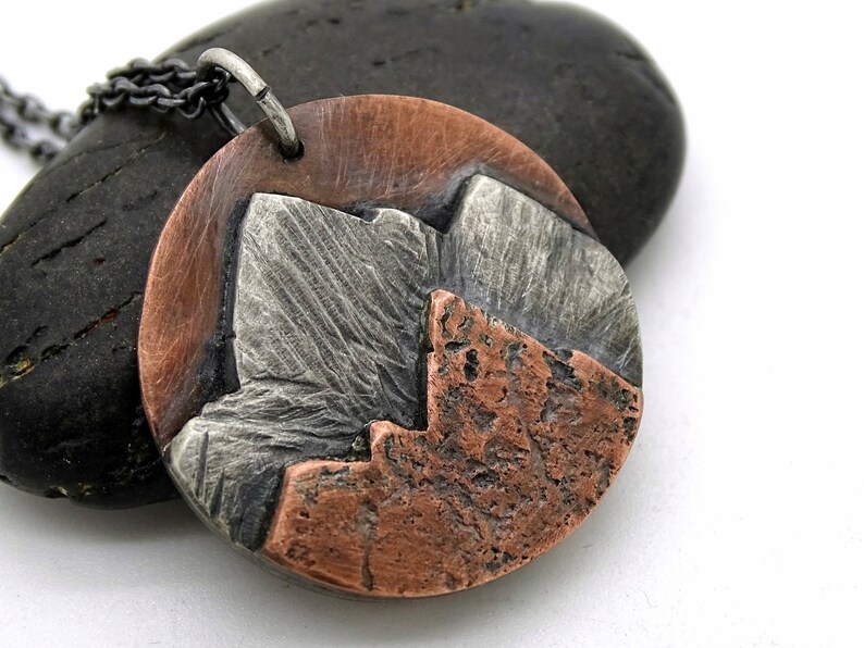 copper silver mountain range pendant cool mens necklace landscape amulet necklace for him mountain pendant for him outdoor jewelry