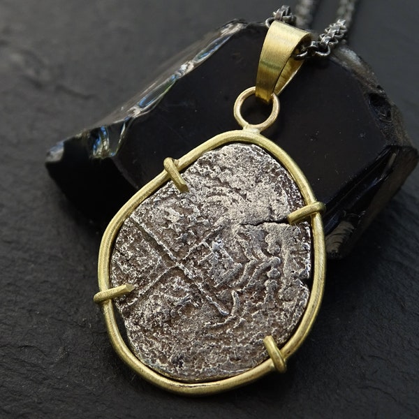 real Atocha coin pendant, silver treasure coin pendant 18k gold, shipwreck coin necklace 2 Reales Atocha coin necklace gold unique mens gift