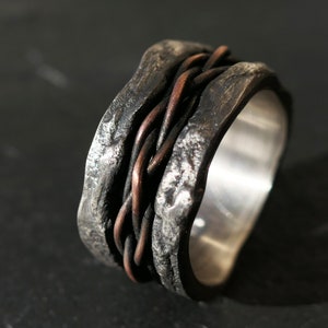 large braided copper silver ring, rustic woven ring for men, viking men&#39;s ring dark silver, unique wedding ring, anniversary gift for men