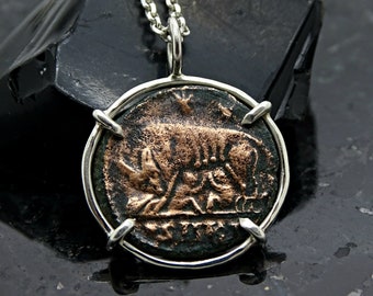 she-wolf coin necklace, ancient Roman coin pendant silver, Capitoline she-wolf suckling Romulus Remus coin, ancient bronze coin jewelry