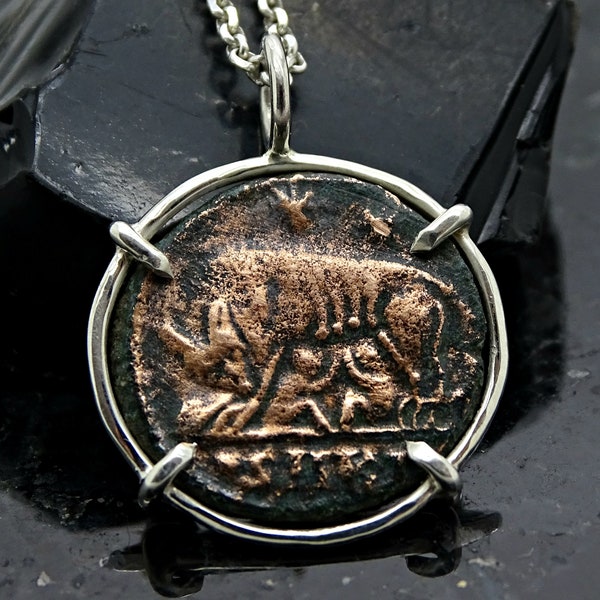 she-wolf coin necklace, ancient Roman coin pendant silver, Capitoline she-wolf suckling Romulus Remus coin, ancient bronze coin jewelry