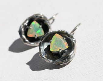 Handmade Sterling Silver Welo Opal Dangle Earrings: Organic Gemstone Jewelry