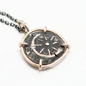 authentic widows mite coin pendant set in bronze, small bronze coin necklace, biblical coin pendant, Judaea coin necklace
