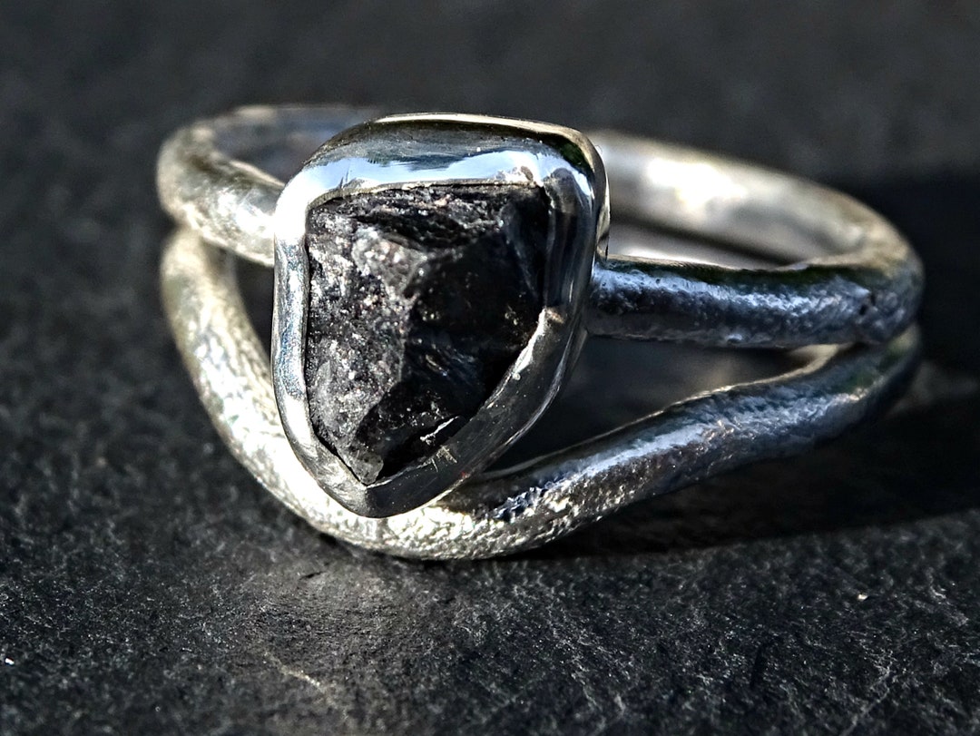 Black Diamond Ring Silver Molten Silver Ring Raw Diamond - Etsy