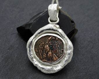 Ancient Roman Coin Pendant: Sterling Silver, Egypt Bronze, Eagle A.D. 276-282