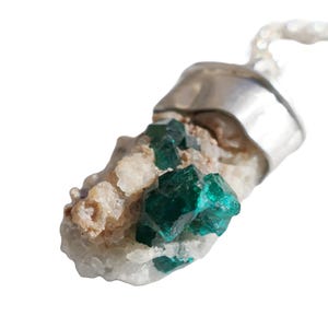 dioptase crystal necklace, green crystal pendant, dioptase on quartz crystal pendant, unique gift for women