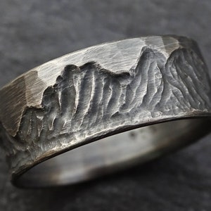 rugged mountain ring silver, boho wedding band, mens wedding ring silver, outdoors wedding ring for him, cool mens ring silver ring hammered