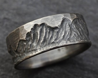 rugged mountain ring silver, boho wedding band, mens wedding ring silver, outdoors wedding ring for him, cool mens ring silver ring hammered