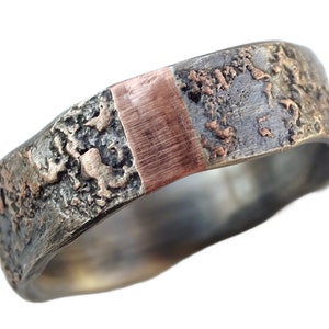 mens wedding band black silver copper, viking engagement ring mens, viking wedding ring silver molten ring, anniversary gift for men