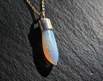 dainty opal necklace solid 14k gold, belemnite opal fossil pendant, Australian opal pendant small, unique crystal necklace, christening gift