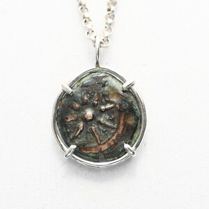 real widows mite coin necklace, small bronze coin pendant, biblical coin pendant, Judaea coin silver pendant, unique handmade gift