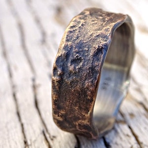 Oxidized Bronze Ring - Sterling Silver Lined Wood Grain Band