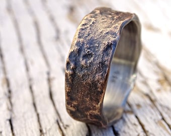 molten bronze ring silver band, unique mens ring bronze, personalized mens ring bronze wedding band for men, cool engagement ring wood grain