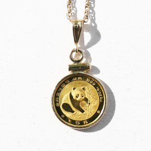 small Gold Panda coin pendant, small gold coin pendant, 5 Yuan 1988 gold coin necklace, anniversary gift, unique jewelry gift for her