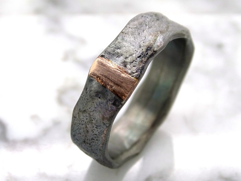 mens wedding band gold, viking engagement ring mens, viking wedding ring gold silver molten ring, woodland wedding ring gift for men image 7