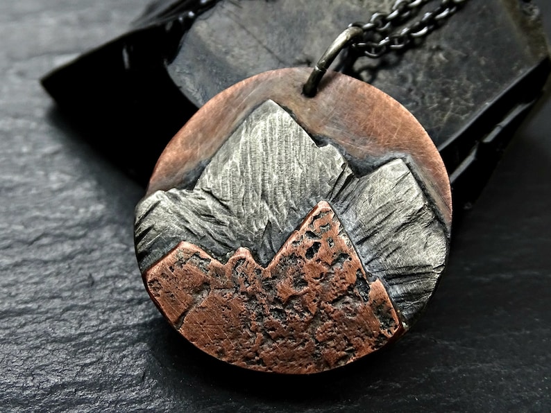 copper silver mountain range pendant cool mens necklace landscape amulet necklace for him mountain pendant for him outdoor jewelry