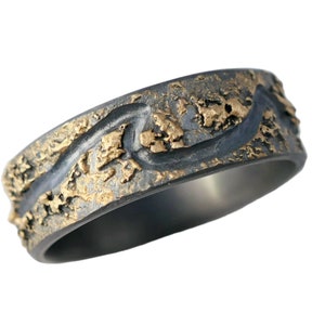 molten gold silver ring with two engraved waves, viking wedding band, unique wedding ring, gold fusion ring bold mens ring personalized gift