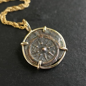 authentic widows mite coin pendant set in solid 14k gold, small bronze coin pendant, biblical coin pendant, Judaea coin gold necklace