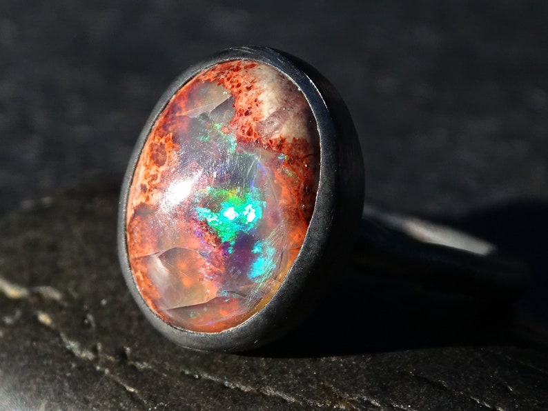 Fire Opal Ring Black Silver Fire Opal Engagement Ring Black Etsy