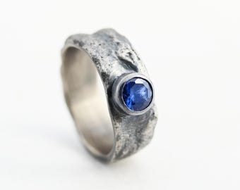 Oxidized Sterling Silver Ring: Molten Texture, Blue Sapphire, Rustic Wedding Band