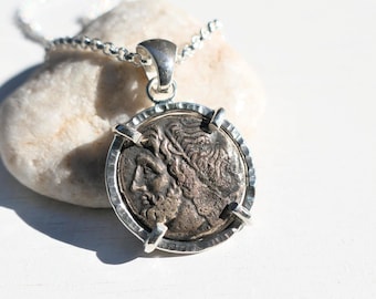 Ancient Greek Poseidon Coin Pendant: Sterling Silver Necklace