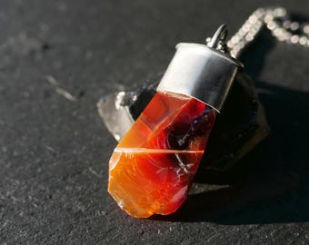 Raw Fire Opal Nugget Pendant: Black Sterling Silver Crystal Necklace