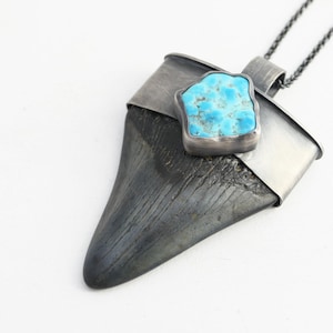 real Megalodon tooth necklace, large shark tooth pendant in dark silver with turquoise nugget, unique mens gift, anniversary gift for him
