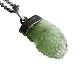 Raw Moldavite Pendant: Black Sterling Silver Necklace, Rare Meteorite
