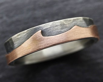 gold silver wave ring, outdoor wedding ring nature, ocean wedding band gold, mixed metal ring band, mens engagement ring, hammered mens ring