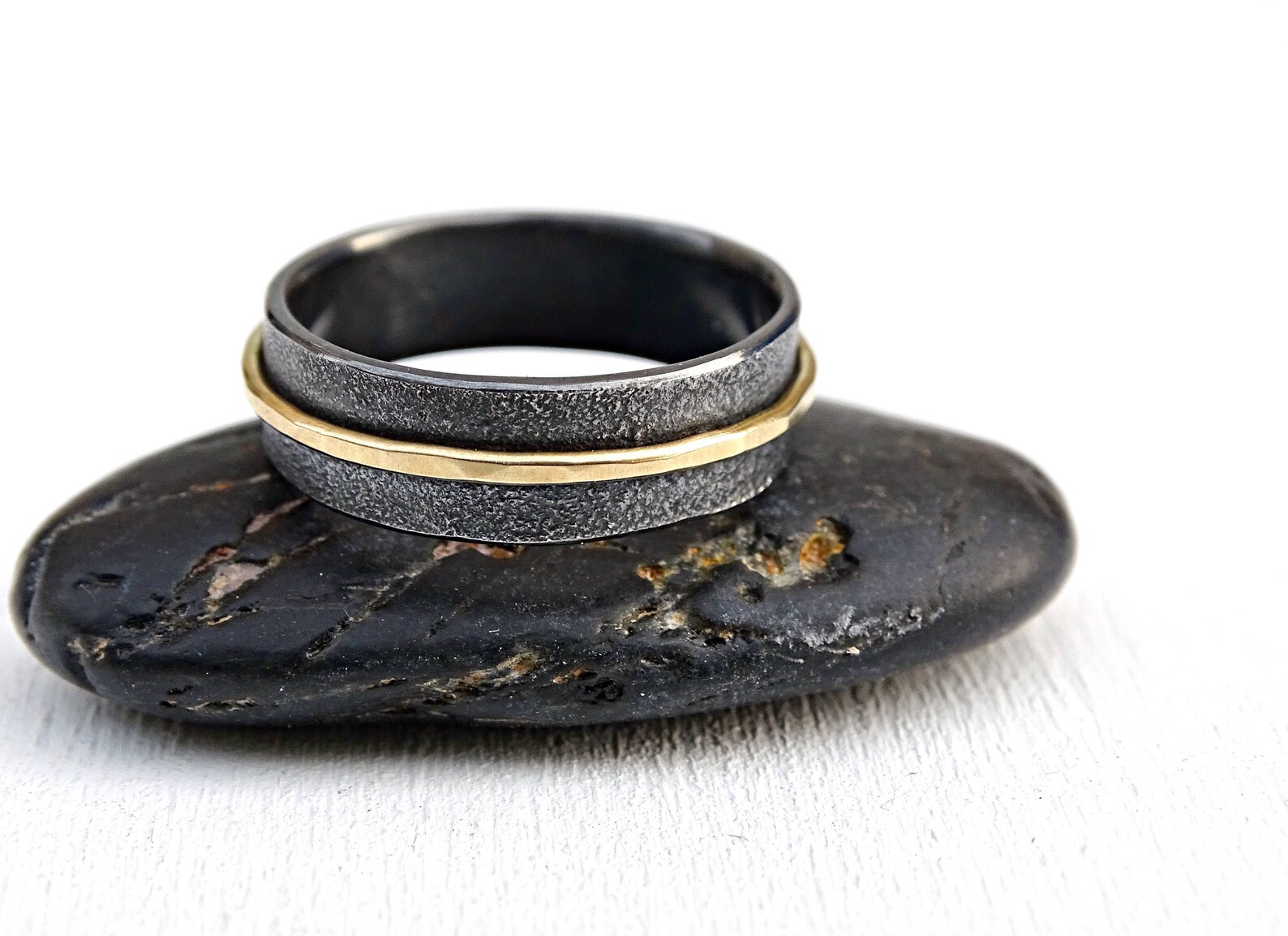 Unique Mens Wedding Band Gold Silver Wide Wedding Ring Black Etsy