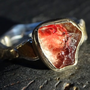 Oregon sunstone ring in gold and silver, uncut gemstone engagement ring, raw sunstone crystal ring, gold nugget sunstone ring, gift for her